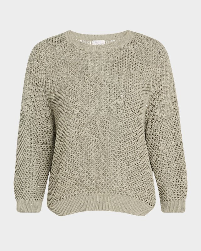 Open-Knit Sequin Crewneck Sweater